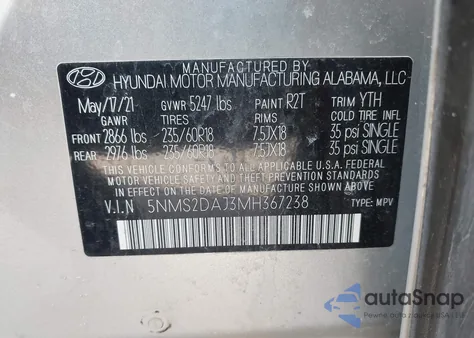 2021 Hyundai Santa Fe Sel z USA, uszkodzony, nr VIN 5NMS2DAJ3MH367238